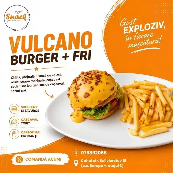 [SNACKPIZZA-P03] Burger „Vulcano Cheesy Bites” + Cartofi Pai & Sos